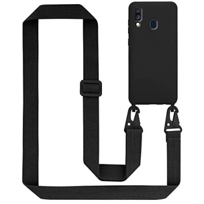 Abbildung von Cadorabo Handykette kompatibel mit Samsung Galaxy A40 Schutzhülle TPU Liquid Silikon Case Necklace verstellbarem Band Kordel Etui Rundumschutz Hülle für in Schwarz