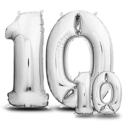 Abbildung von envami® Luftballons 10. Geburtstag XXL Silber Riesen Folienballon in 2 Größen 40&quot; &amp; 16&quot; 101cm + 40cm Geburtstagsdeko Set Vier Zahlen Ideal als Deko fliegt mit Helium