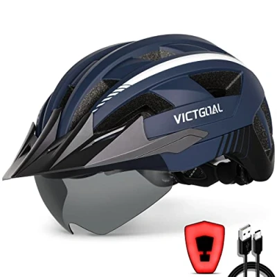 Abbildung von VICTGOAL Fahrradhelm Herren Damen MTB Helm mit Abnehmbarer Magnetische Schutzbrille Visier Atmungsaktiv 21 Belüftungskanäle Radhelm Einstellbare Fahrradhelme (L: 57 61cm, Marine)