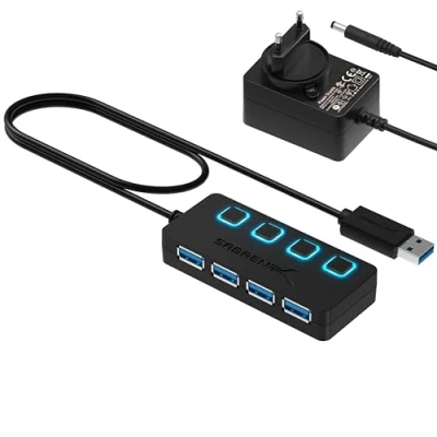 Abbildung von SABRENT USB Hub Aktive 3.2x1 mit Netzteil, Adapter, 4 Port mehrfach Verlängerung, Verteiler, Powered Hub, EIN/AUS schaltern für PS5, PC, Stick, MacBook (HB UMP3)