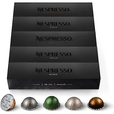 Abbildung von NESPRESSO Vertuo, Auswahl an Signature Kaffee (230ml), Gran Lungo (150ml) und Double Espresso (80ml), Mittlere bis dunkle Röstungen, Kompatibel mit VERTUO Kapselmaschinen, Set aus 50 Kaffeekapseln