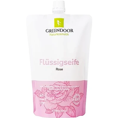 Abbildung von GREENDOOR Bio Flüssigseife Nachfüller Rose 500ml vegan, Seife biologisch abbaubar, natürlich ohne Parabene Sulfate Tierversuche, Naturseife, flüssige Hand