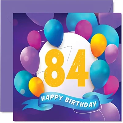 Abbildung von Stuff4 Geburtstagskarte zum 84. Geburtstag für Männer und Frauen Luftballon Party Happy Birthday Cards 84 Jahre alte Mann, Frau, Großvater, Opa, Oma, Mama, Papa, 145 mm x