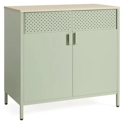 Abbildung von SONGMICS Aufbewahrungsschrank, Metallschrank, mit Doppeltür, Magnetverschluss, Verstellbarer Einlegeboden, Stahlgestell, 40 x 80 76 cm, lorbeergrün natureichenfarben LSC102C01