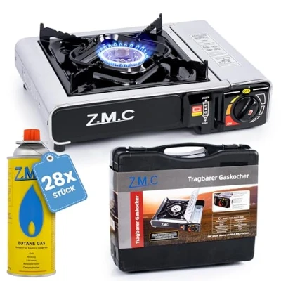 Abbildung von Z.M.C Edelstahl Gaskocher 1 flammig + Aufbewahrungskoffer 28x Gaskartuschen 227g, Campingkocher für Outdoor und Innenraum, Campinggaskocher 2,2 kW, Balkon Tischgrill mit Piezozündung