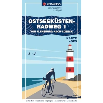 Abbildung von KOMPASS Fahrrad Tourenkarte Ostseeküstenradweg 1, von Flensburg nach Lübeck 1:50.000: GPX Datei zum Download, Leporello Karte, reiß und wetterfest