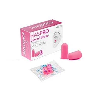Abbildung von HASPRO Multi10 [10 Paar Pack] Super weiche Schaumstoff Ohrstöpsel, 38 dB höchster SNR, jedes einzeln verpackt, Ohrstöpsel für Schlafgeräuschunterdrückung, zum Schnarchen (Rosa)