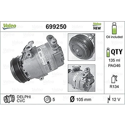 Abbildung von VALEO NEW ORIGINAL PART 699250 Kompressor CVC917 12 PAG 46 R 134a mit Kompressoröl OPEL: Astra G Caravan, Corsa D Schrägheck, Zafira A