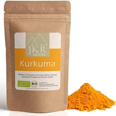 Abbildung von JKR Spices 250g Bio Kurkuma Pulver Kurkumapulver aus gemahlener Curcuma Wurzel Gelbwurz gemahlen hoher Curcumin Kurkumin Gehalt Ideales Gewürz zum Kochen und Goldene Milch Biologischer Anbau