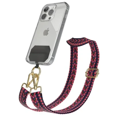 Abbildung von EAZY CASE Handykette Universal zum Umhängen kompatibel mit jedem Handy Kette Hülle kombinierbar Handykordel Karabiner für Handyhülle Handyband Bunt Boho Kordel Pink Blau Gold