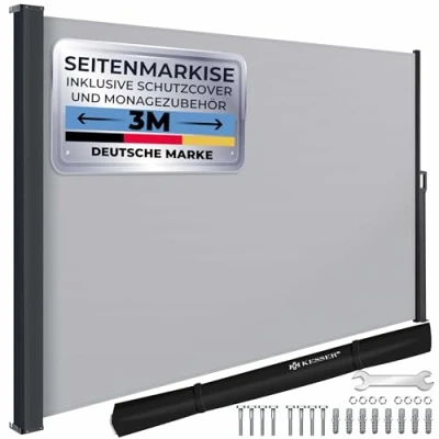 Abbildung von KESSER® Seitenmarkise ausziehbar Markise 200 x 300 cm Blickdicht Sichtschutz &amp; Windschutz für Garten Balkon Terrasse, Seitenrollo mit Wandhalterung, inkl. Wettercover Montagezubehör, Grau