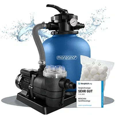Abbildung von Monzana® Sandfilteranlage SF102K mit Vorfilter 9.960L/h bis 35.000L Pool 1.2kg Filterbällen 7 Wege Ventil 2in1 Adapter Ø32 38mm 400W Filteranlage Pumpe Filterkessel