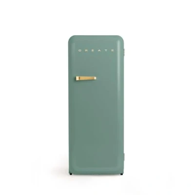 Abbildung von CREATE / RETRO FRIDGE 150 GOLD/Kühlschrank mit Gefrierfach 281L in Salbeigrün, Griff Gold 102W, niedriger Energieverbrauch, 150cm, 3 Ablagen, Temperaturregelung,60x60x150cm