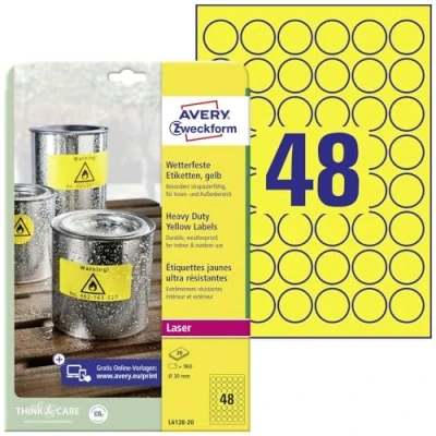 Abbildung von AVERY Zweckform L6128 20 Wetterfeste Folienetiketten (960 Signalaufkleber, Ø30mm auf A4, extrem stark selbstklebend, wasserfest, strapazierfähig, bedruckbare Outdoor Klebefolie) Blatt, gelb