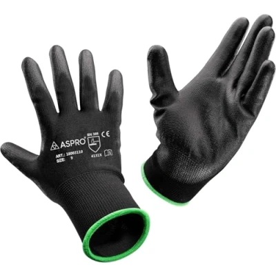 Abbildung von ASPRO Arbeitshandschuhe 20 Paar Größe 10 (XL) Gartenhandschuhe Schwarze Nylon Handschuhe mit PU Beschichtung für Bauarbeiter, Gärtner, Mechaniker, Lagerarbeiter etc.