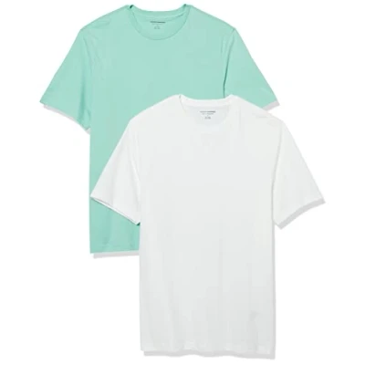 Abbildung von Amazon Essentials Herren Kurzärmliges T Shirt mit Rundhalsausschnitt in normaler Passform, 2er Pack, Aquablau/Weiß, XS