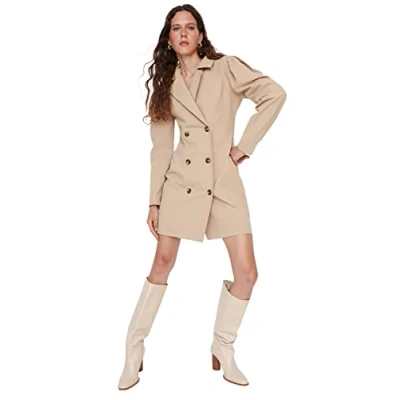 Abbildung von Trendyol Damen Woman Midi Asymmetrisch V Ausschnitt Webstoff Kleid, Kamel, 38