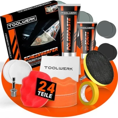 Abbildung von TOOLWERK® Scheinwerfer Aufbereitung Set [24 Teile] Reparatur &amp; Polierset für alle gängigen Autoscheinwerfer mit UV Schutz, Politur Schleifscheiben in 7 Körnungen [inkl. Sechskant Adapter]