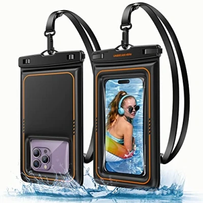 Abbildung von UNBREAKcable wasserdichte Handyhülle 2er Pack IPX8 Schwimmende Handytasche Dry Bag für iPhone 15 14 13 12 Pro Max 11 XR XS SE 2/3, Samsung S24 S23 FE S20, bis zu 7,0 Zoll Schwarz
