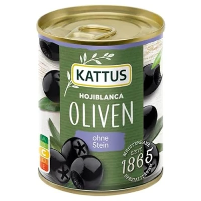 Abbildung von Kattus Schwarze Hojiblanca Oliven ohne Stein Ideal zu Pizza, Pasta oder Salaten 85 g in der Dose