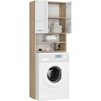 Abbildung von BDW Waschmaschinenschrank 180 x 64 30 cm Glanz Badregal Hochschrank Waschmaschine Bad Schrank Badezimmerschrank Überbau Glänzend Eiche Sonoma/Weiß