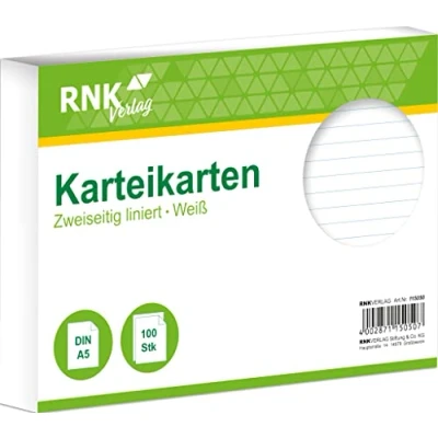 Abbildung von RNKVERLAG 115050 Karteikarten liniert 7 mm, weiß, DIN A5, 1 Packung à 100 Karten
