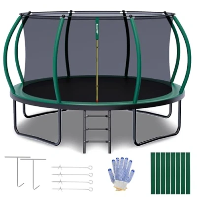 Abbildung von SAIBERTAN Trampolin Outdoor Ø 244/305/366cm EN 71 Zertifizierung rundes Gartentrampolin für Kinder mit Sicherheitsnetz, Leiter &amp; Fäustling, Kürbis Design Bodentrampolin