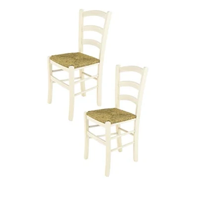 Abbildung von t m c s Tommychairs 2er Set Stühle Venice für Küche und Esszimmer, robuste Struktur aus lackiertem Buchenholz in Anilinfarbe Weiss Sitzfläche Stroh