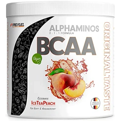 Abbildung von BCAA Pulver 300g EISTEE PFIRSICH Alphaminos 2:1:1 Drink mit 8000 mg unfassbar leckerer Geschmack, Essentielle Aminosäuren (EAA) Leucin, Isoleucin &amp; Valin 100% vegan und laborgeprüft