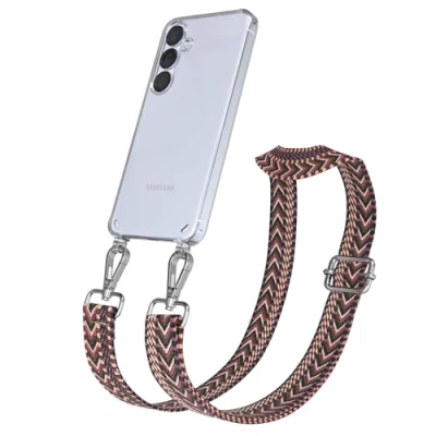 Abbildung von EAZY CASE Handykette mit verstellbarem Trageriemen für Galaxy S25 Taschengurt zum Wechseln transparenter Handyhülle Hülle dünner Schulterriemen in Beere Pink Silber