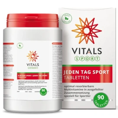 Abbildung von Vitals Jeden Tag Sport 90 Tabletten Vegan. Optimale resorbierbare Multivitamine in ausgefeilter Zusammensetzung für Sportler. Ist NZVT zertifiziert. Vitamin K2 stabiler Form K2Vital Delta.