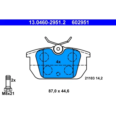 Abbildung von ATE 13.0460 2951.2 Bremsbelagsatz exkl. Verschleißwarnkontakt mit Bremssattelschrauben FIAT: Barchetta, Marea Limousine, Coupe, ALFA ROMEO: 145