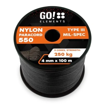 Abbildung von GO!elements 100m Paracord Seil aus reißfester Nylonschnur 4mm 550 Typ III Schnur geeignet als Allzweckseil &amp; Reepschnur Max. 250kg, Farbe: Schwarz