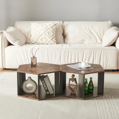 Abbildung von [en.casa] Couchtisch Molde 2er Set Beistelltisch Wohnzimmertische wabenförmig Sofatische mit Stauraum vertikal und horizontal aufstellbar Schwarz/Walnussoptik