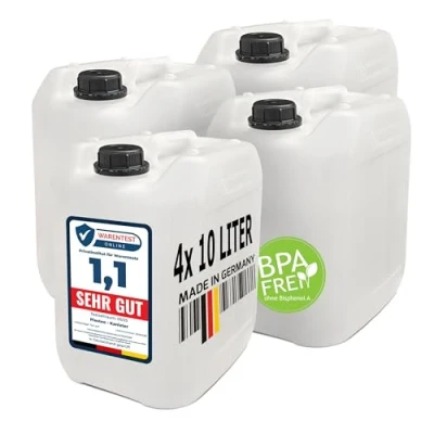 Abbildung von plasteo® 4 x 10L Getränke Wasserkanister Natur BPA Frei Lebensmittelecht Hergestellt in DE UN Zulassung Tragbar Indoor und Outdoor