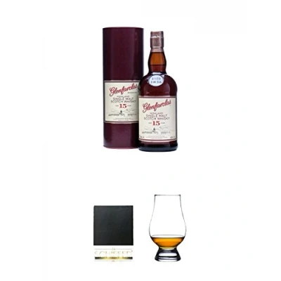 Abbildung von Glenfarclas 15 Jahre Single Malt Whisky 0,7 Liter + Schiefer Glasuntersetzer eckig ca. 9,5 cm Durchmesser The Glencairn Glass Glas Stölzle 1 Stück