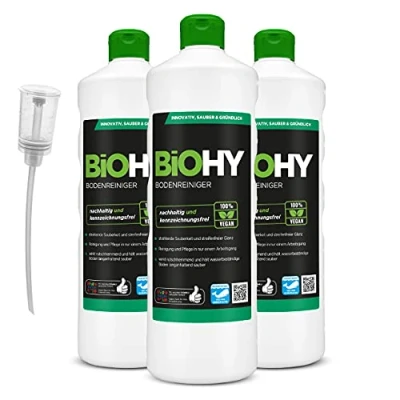Abbildung von BiOHY Bodenreiniger (3 x 1 Liter) + Dosierer Konzentrat für alle Reinigungsgeräte und Hartböden angenehmer Geruch streifenfreie Reinigung ideal Laminat, PVC &amp; Stein Bio