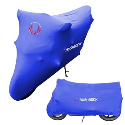 Abbildung von BUSHBOCK® Premium Cover Indoor Motorrad Abdeckplane Staubschutz elastischer, atmungsaktiver Samt Stretchstoff (M L, Blau)