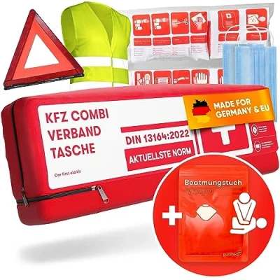 Abbildung von Purahelp KFZ Verbandtasche Kombitasche nach aktueller Norm 2024 DIN 13164 (StVO konform), (Inkl. Warndreieck, Warnweste , 1 St), Verbandskasten Warndreieck Set Auto