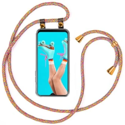 Abbildung von moex Handykette kompatibel mit Samsung Galaxy A12 Hülle Band Längenverstellbar, Handyhülle zum Umhängen, Silikon Case Transparent Kordel Schnur abnehmbar in Rainbow
