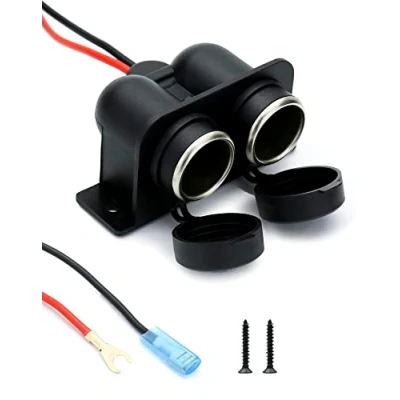 Abbildung von QWORK Auto Zigarettenanzünder Steckdose DC 12V wasserdichte mit 60cm Anschlusskabel und Sicherung für Boote, Auto, Motorrad (Doppelport)