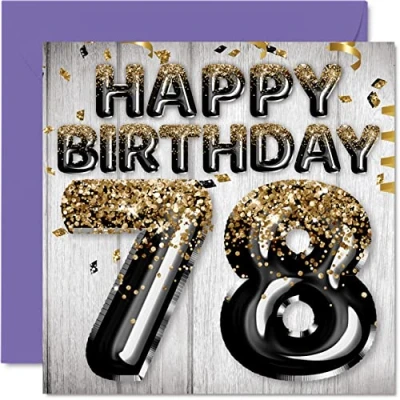 Abbildung von Geburtstagskarte zum 78. Geburtstag für Männer schwarze und goldene Glitzerballons Happy Karten 78 Jahre alten Mann Papa Great Grandad Grandpa Gran 145 mm Siebzig 8. Grußkarten Geschenk