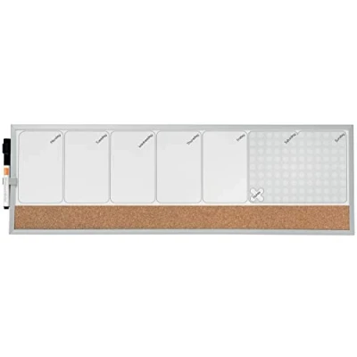 Abbildung von Nobo Kleiner Magnetischer Whiteboard Wochenplaner, Kork Pinnwandstreifen, Aluminiumrahmen, Trocken Abwischbar, Wandmontage, Integrierte Stifthalterung, 585 x 190 mm, Grau, 1903780
