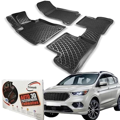 Abbildung von Trimak Passgenau 3D Fussmatten Auto Kompatibel mit Ford Kuga 1 Gen 2008 2012 Zubehör 1. und 2. Reihe Gummimatten Autos TPE Allwetter Geruchlos rutschfest Vorne Hinten Schwartz
