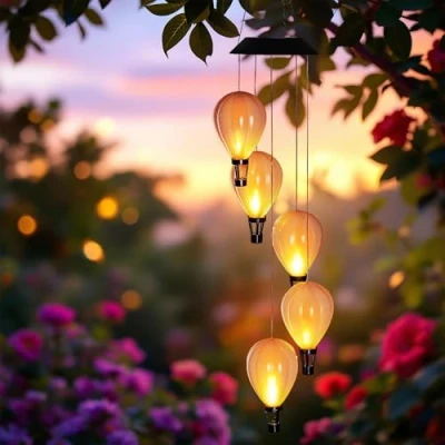 Abbildung von Spetebo LED Dekolicht Solar Windspiel mit 5 beleuchteten Heißluftballons 82 cm, betrieben, fest integriert, warm weiß, weiß Flammeneffekt