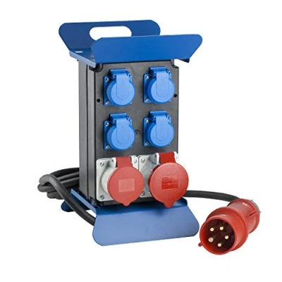 Abbildung von as Schwabe Tragbarer Stromverteiler STECKY 3 CEE Stecker 400V/32A/5polig 4x Schuko und Steckdose 32A 16A Mobiler Adapter Verteiler für Innen &amp; Außen IP44 Made in Germany, 60510
