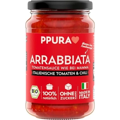 Abbildung von PPURA Bio Tomatensauce Arrabbiata Pasta Sauce mit Fruchtigen Tomaten &amp; Chili 100% Natürlich Nudel Soße Vegan Ohne Zuckerzusatz Konservierungsstoffe 340g Glas