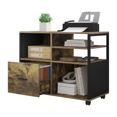 Abbildung von WOLTU Aktenschrank, Rollcontainer mit Schublade, Büroschrank, Druckertisch auf Rollen, Hängeregisterschrank, Rollschrank, Bürocontainer, offenen Fächern, für Dokumente, Vintage Braun, ASK05hov