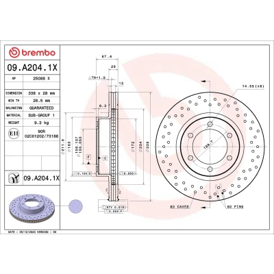 Abbildung von BREMBO Bremsscheibe TOYOTA: Land Cruiser Prado 120 338mm 28mm 6 gelocht/innenbel. beschichtet 09.A204.1X Bremsscheiben, Scheibenbremsen