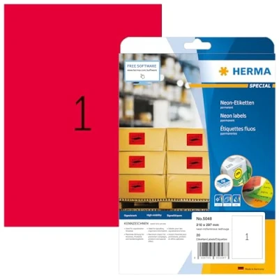 Abbildung von HERMA 5048 Farbige Etiketten Neon rot, 20 Blatt, 210 x 297 mm, 1 pro A4 Bogen, Stück, selbstklebend, bedruckbar, matt, blanko Papier Farbaufkleber